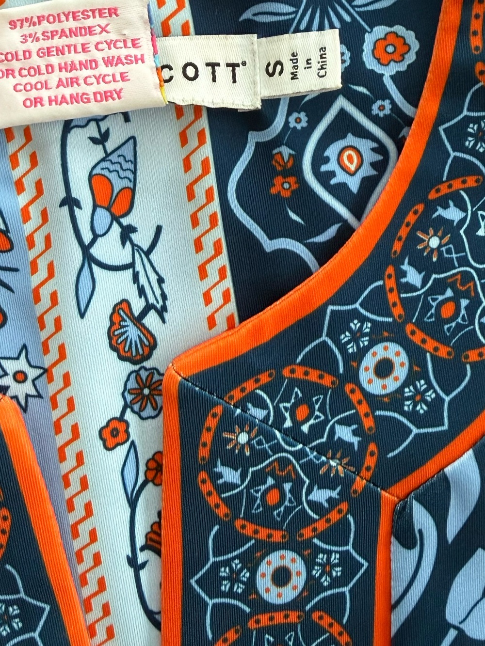 Gretchen Scott Navy Floral Print Tunic Top Orange Trim 3/4 Sleeve Women Size S - Picture 4 of 9